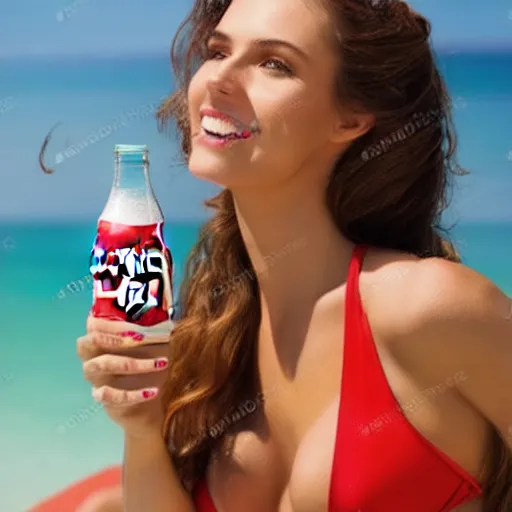 Image similar to advertisement photo of beautiful young model woman in a red bikini drinking a Coca-Cola at a beach party. Coca-Cola ad