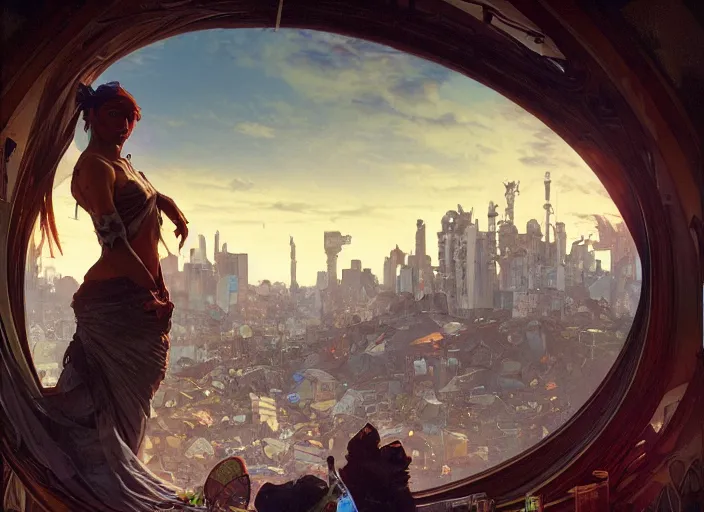 Image similar to seen from window, garbage dump, city is pure wasteland, sunset in background, detailed characters, alphonse mucha, greg rutkowski, trending on artstation, artgerm, breathtaking, sharp focus, smooth, mark arian, award winning, highly detailed 4 k art