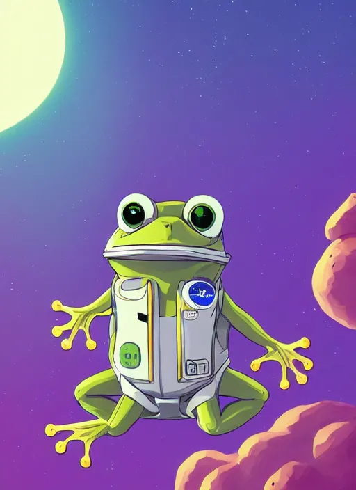 Image similar to a frog 🐸 as a astronaut standing top of the earth 🌎, au naturel, hyper detailed, digital art, trending in artstation, cinematic lighting, studio quality, smooth render, unreal engine 5 rendered, octane rendered, art style by kurzgesagt and nixeu and kim jung gi and greg rutkowski
