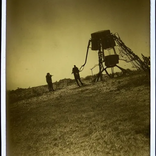 Prompt: old polaroid depicting a martian tripod walker from war of the worlds, at a clearing, in the distance