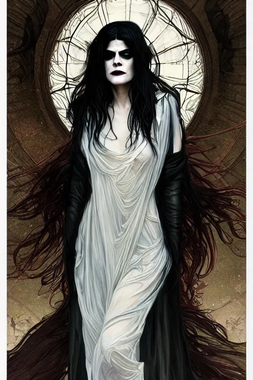 Image similar to portrait of selma blair as death of the endless, the sandman, grey clothes, in persian temple wet night, sci - fi and fantasy, intricate and very very beautiful and elegant, highly detailed, digital painting, artstation, concept art, smooth and sharp focus, illustration, art by tian zi and wlop and alphonse mucha
