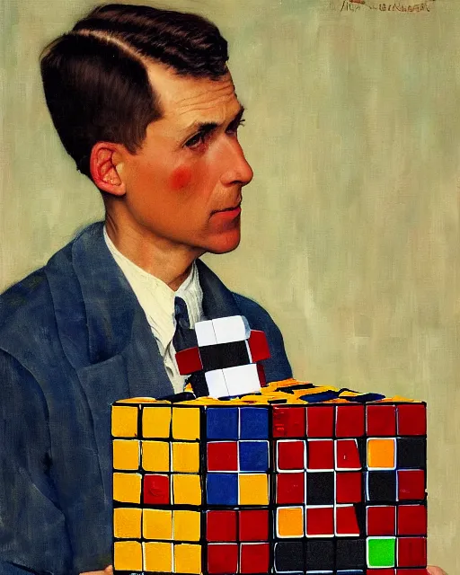 Prompt: A painting of a man with a head like a rubiks cube, Norman Rockwell painting of a man with rubiks cube head