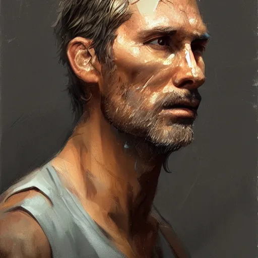 Image similar to Portrait of a man by Greg Rutkowski, he is about 40 years old, southern slav features, messy brown short hair, strong and tall, tired expression, he is a black tank top, highly detailed portrait, digital painting, artstation, concept art, smooth, sharp foccus ilustration, Artstation HQ.