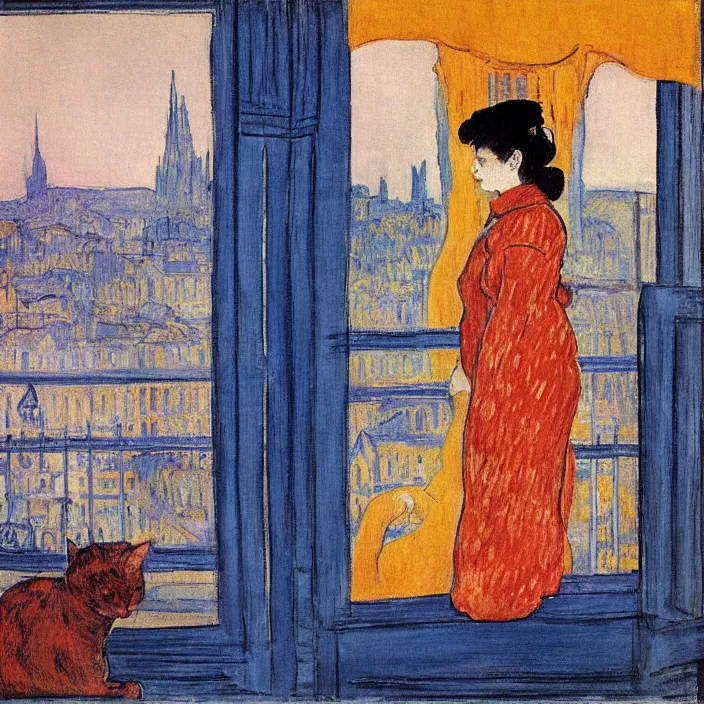 Image similar to woman in vermillion dress and white cat with city with gothic cathedral seen from a window frame with curtains. dark indigo blue, turquoise, gold, earth brown. sunset. bonnard, henri de toulouse - lautrec, utamaro, matisse, monet