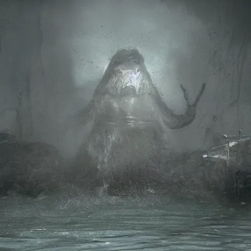 Image similar to sea monster about to eat pov underwater, pale skin, dark yellowish water, foggy water, dark, dramatic,'silent hill ', big eyes, alluring and terrifying, cinematic