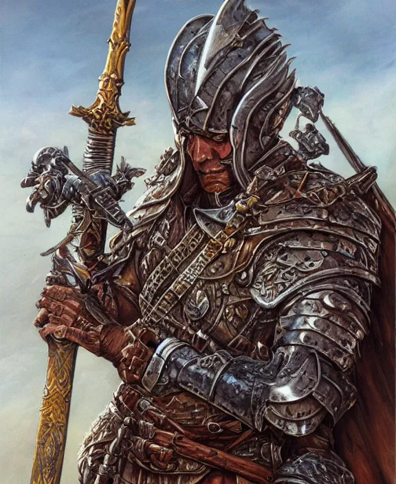 Image similar to battle - worn warrior with legendary sword, fantasy, man, cool armour, intricate, highly detailed, digital painting, artstation, concept art, wallpaper, smooth, sharp focus, illustration, art by larry elmore, jeff easley, clyde waldwell, keith parkinson, daniel r horne