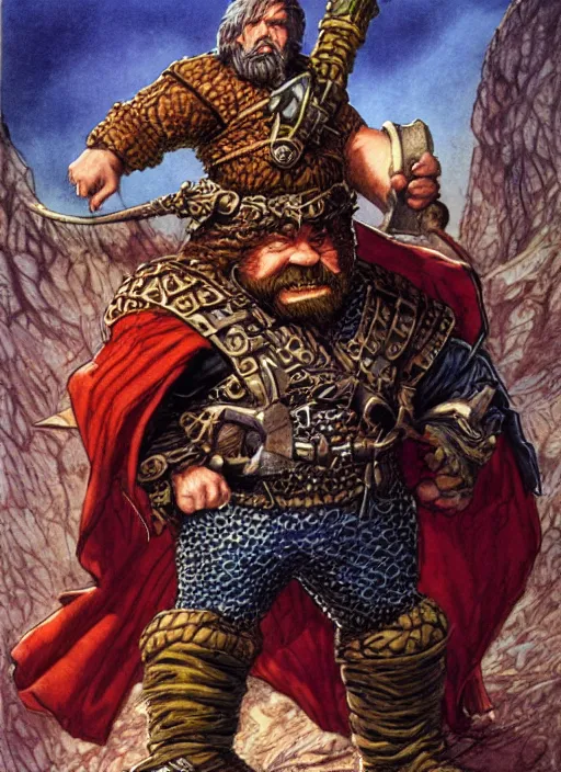 Image similar to full body of a dwarf sorcerer, beautiful! coherent! dungeons and dragons character, by larry elmore, gerald brom, ralph horsley, wayne reynolds, strong line, deep color, chainmail, short red hair, high contrast