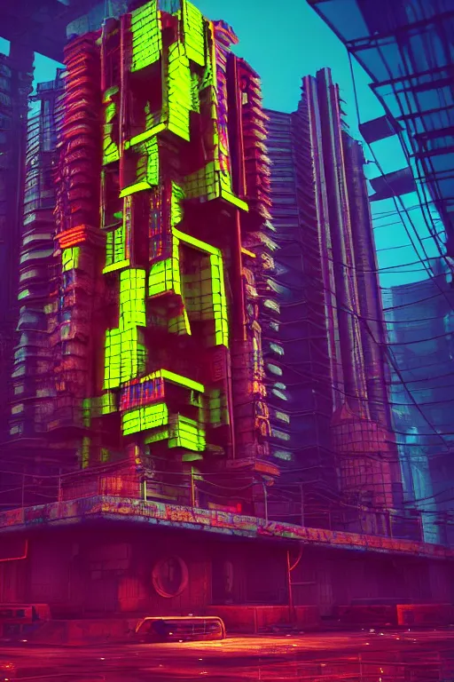 Prompt: high quality 3 d render cyberpunk brutalist hanuman head building, neon yellow madhubani, highly detailed, in sci - fi mumbai, unreal engine cinematic smooth, liam wong, moody light, low angle, uhd 8 k, sharp focus