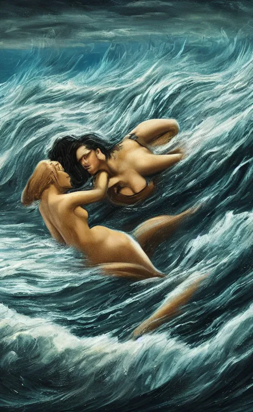 Prompt: beautiful detailed abstract painting of a monstrous werewolf and beautiful woman laying in a passionate embrace in a turbulent ocean under a hull moon, by francis bacon. they are fighting. waves and come cover them. hd. hq. trending on artstation. photorealistic