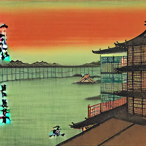 Image similar to a chinese prison near a river by peter doig and ukiyo - e, muted colors