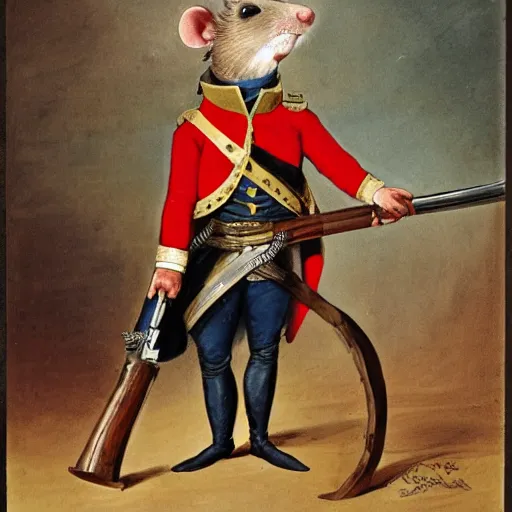 Prompt: Rat dressed in napoleonic war costume leaning on his musket.
