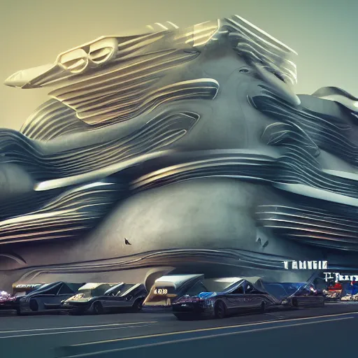 Image similar to sci-fi cars trucks motorcycles 50% of canvas in center and wall near structure on the coronation of napoleon painting and digital billboard in the middle and everything in style of zaha hadid and suprematism forms unreal engine 5 keyshot octane artstation trending bladerunner 2049 colors lighting ultra high detail ultra photo realistic 8k 16k in plastic dark tilt shift