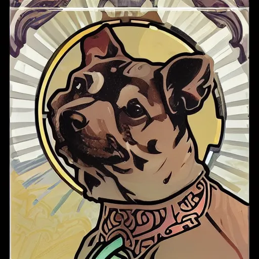 Image similar to a cute dog in the style of alphonse mucha