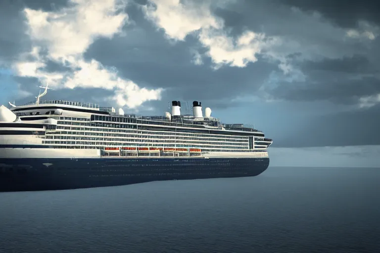 Image similar to photorealistic blue - toned photo of a cruise ship, brooding, atmospheric, lovecraft, horror, smooth, epic, highly detailed, cinematic, unreal engine render