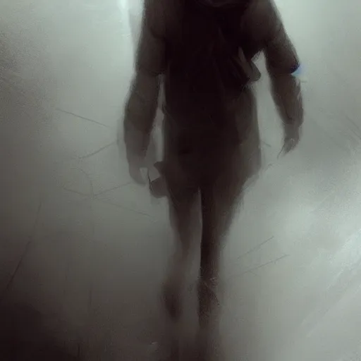 Prompt: a person walking down a street in the fog, concept art by Bastien Lecouffe-Deharme, trending on cgsociety, panfuturism, 2d game art, dystopian art, matte drawing