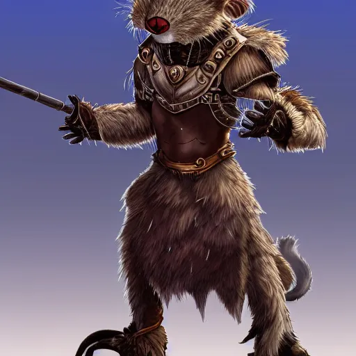 Image similar to a full body shot of an anthro furry rat wearing a fantasy armor, fantasy, artstation, furry art, furaffinity, deviantart, symmetrical, highly detailed, award winning, trending