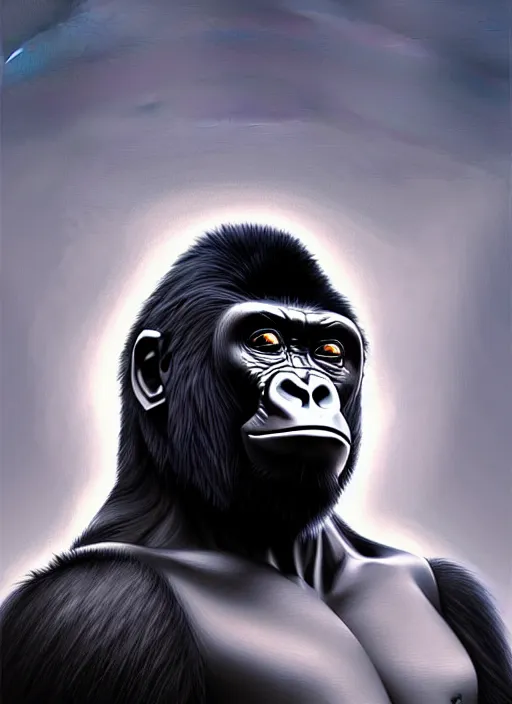 Prompt: frightening gorillas warrior portrait, weapons in hand, art by artgerm, wlop, loish, ilya kuvshinov. realistic, symmetrical face