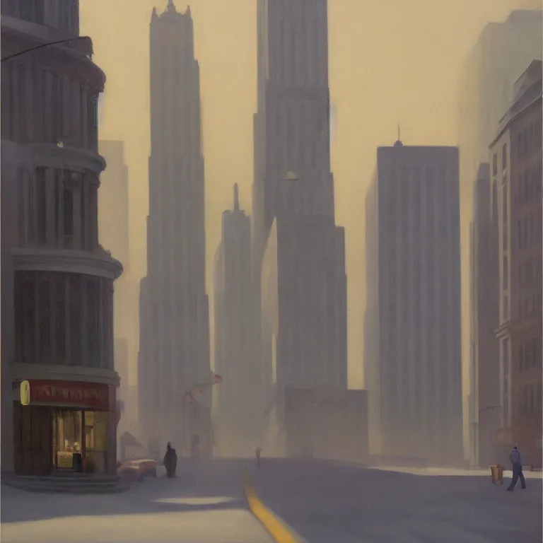 Image similar to city fog, early morning, painted by Edward Hopper, painted by Wayne Barlow, airbrush