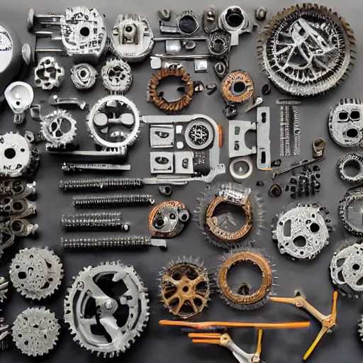 Prompt: knolling cogs and machine parts and a robotic insect dissected