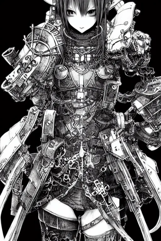 Prompt: a vertical portrait of a character by yoshitaka amano and nihei tsutomu, black and white, dreamy, steampunk armor, highly detailed