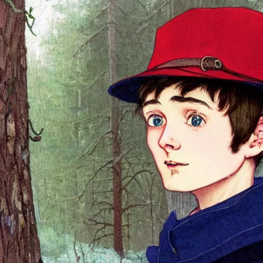 Image similar to super close up portrait of wirt from over the garden wall. a 1 6 years old gloomy awkward boy with big brown eyes and shaggy brown hair wearing a red dunce hat and a blue navy cape, standing in the forest, norman rockwell, bouguereau