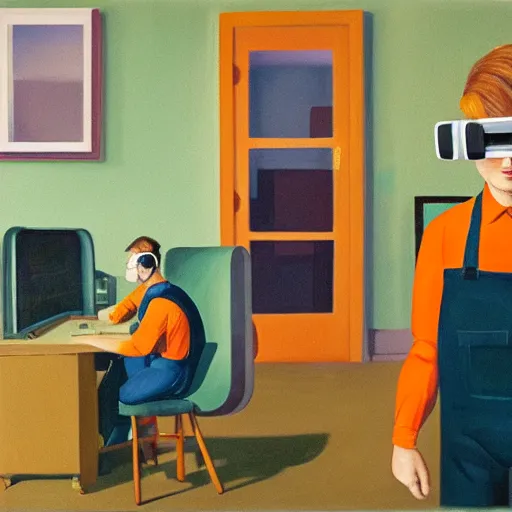 Prompt: A fine art painting of a man wearing Vr goggles dressed in orange overalls and creating the metaverse at a desk with screens, view through a window on a British street. In the style of Edward Hopper and Wes Anderson