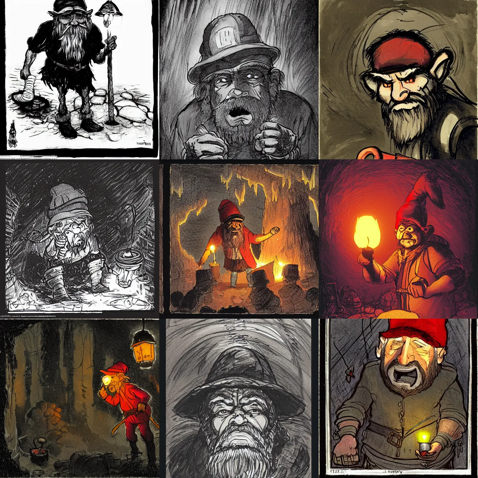 Prompt: an angry, grimy, dirty, grumpy [ old ], miner elf ( with red hat and a glowing latern ) in a pitch black mine, looks into the camera. angry kubrick stare, low key lighting, high contrast, theatrical, fairy tale illustration, character concept art by ivan bilibin, goya and rembrrandt