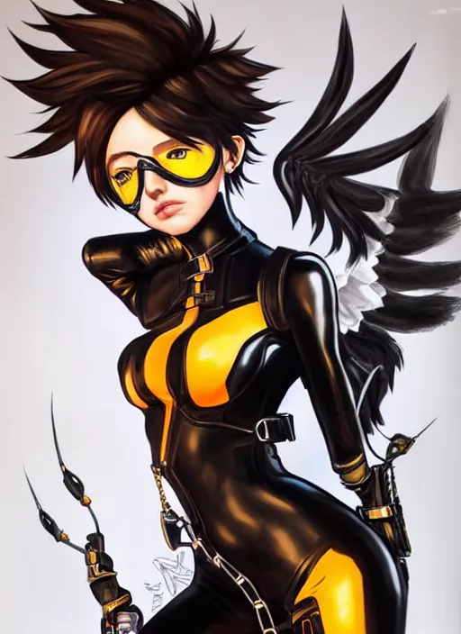 Image similar to full body artwork of tracer overwatch, wearing black latex outfit, in style of mark arian, angel wings, dramatic painting, wearing detailed leather collar, black shiny armor, chains, black harness, detailed face and eyes,