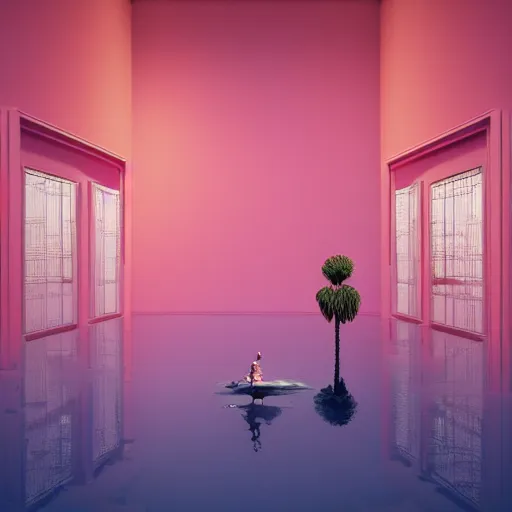 Image similar to hyperrealistic geometric objects in a surreal minimalistic 8 0's dreamscape environment by salvador dali, enormous emoji, highly detailed, 3 d render, octane, beautiful lighting, photorealistic, intricate, elegant, wayne barlowe, water, mirrors, pink doorway, beautiful, masterpiece, trending on artstation, palm tree