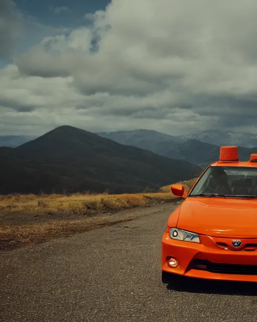 Image similar to film still of a toyota levin, mountain backround with a traffic cone nearby.