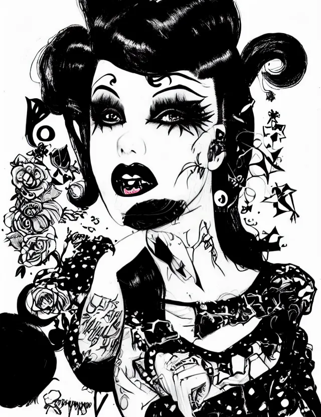 Image similar to of a goth girl burlesque psychobilly, rockabilly, punk, black hair, detailed face, white background, drawing, illustration