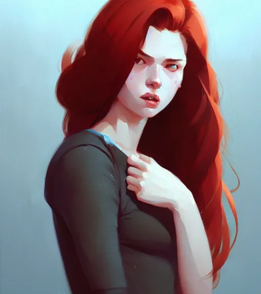 Image similar to realistic female portrait with long red hair, by atey ghailan, by greg rutkowski, by greg tocchini, by james gilleard, by joe fenton, by kaethe butcher, dynamic lighting, gradient light blue, brown, blonde cream and white color scheme, grunge aesthetic