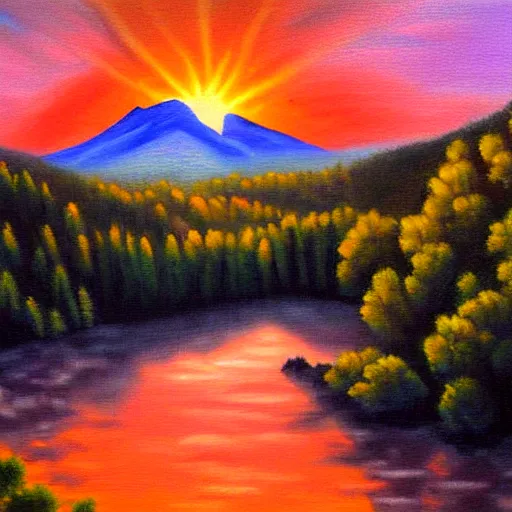 Prompt: beautiful mountain and a rising sun oil painting by spencergore