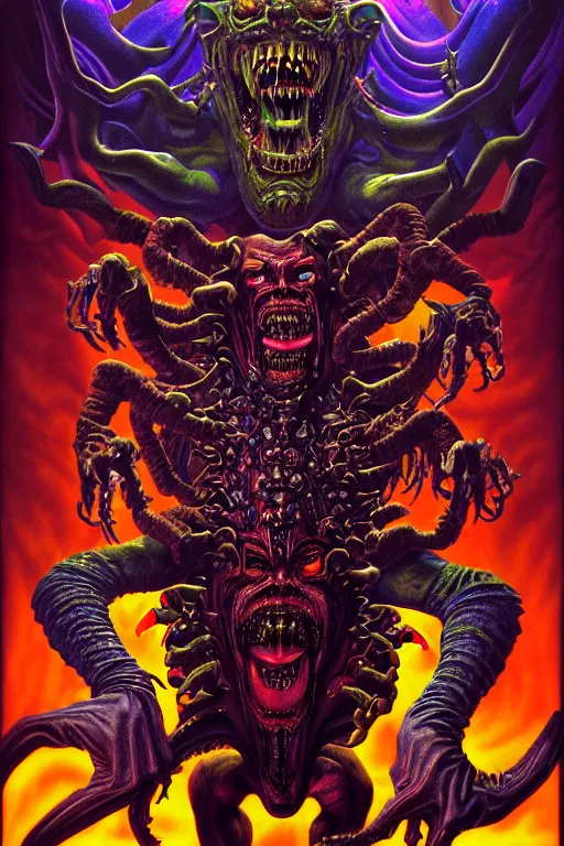 Image similar to a hyperrealistic rendering of an epic boss fight against an ornate supreme dark vampire overlord, cinematic horror by chris cunningham, lisa frank, richard corben, highly detailed, vivid color,