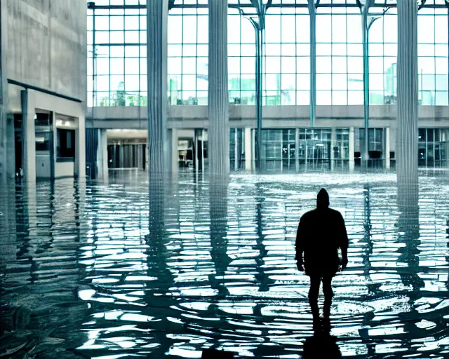 Prompt: A dark figure alone inside an empty dark flooded mall, epic scale, dramatic lighting, majestic and imposing