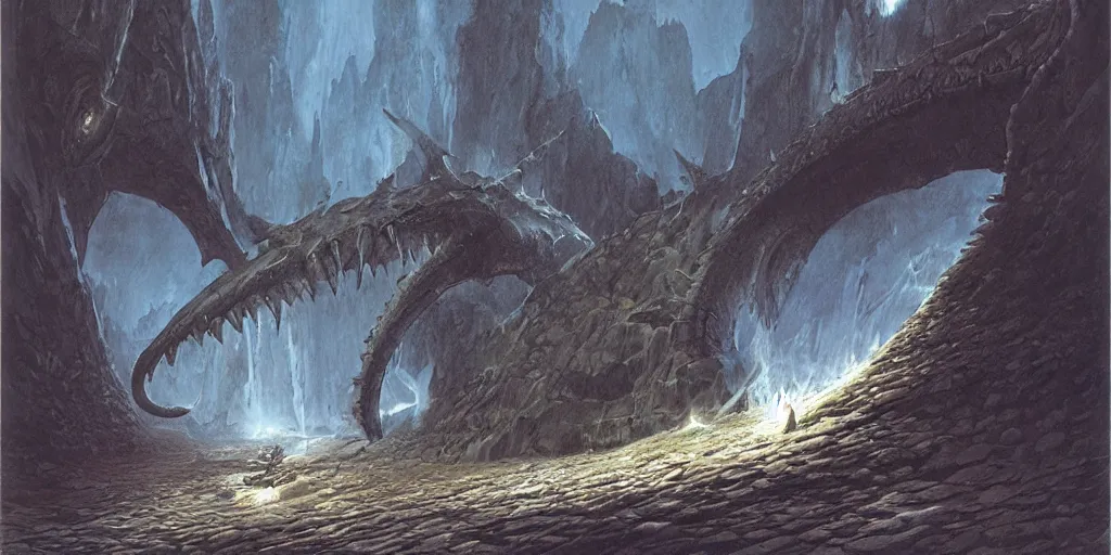 Prompt: artwork by john howe of the ruthless cavern leviathan