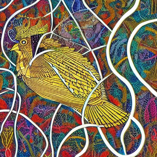 Prompt: A beautiful experimental art of a bird in its natural habitat. The bird is shown in great detail, with its colorful plumage and intricate patterns. The background is a simple but detailed landscape, with trees, bushes, and a river. Labyrinth Pan's by ROA, by Roman Vishniac doom