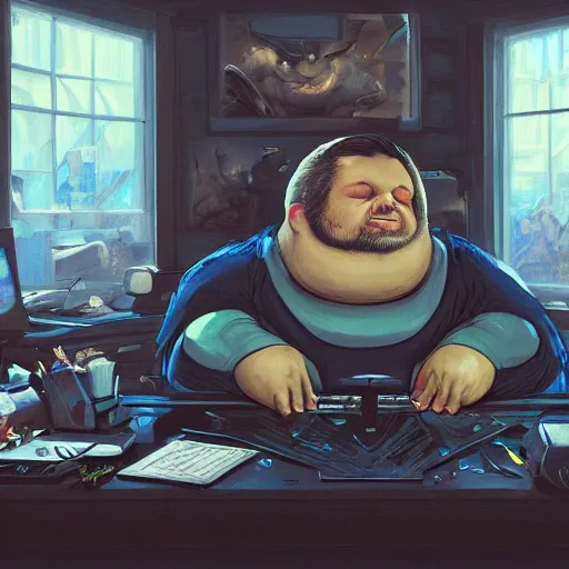 Image similar to a insanely detailed painting of a slightly overweight man wearing a homemade superhero costumed, sitting at a computer desk, nervously and clicking on the mouse, in the style of peter mohrbacher, dramatic lighting and composition, trending on artstation, concept art, comic book, graphic novel