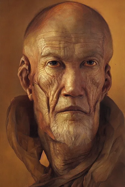 Prompt: beautiful clean oil painting biomechanical portrait of man face by huaishen j, wayne barlowe, freud lucian, rembrandt, complex, stunning, realistic, skin color