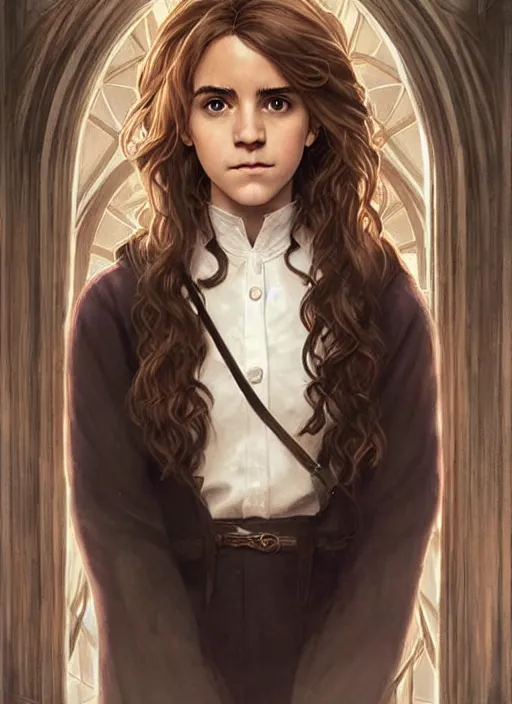 Prompt: hermione! granger! at hogwarts!!!!! by emma watson. beautiful! detailed! face!. by artgerm and greg rutkowski and alphonse mucha