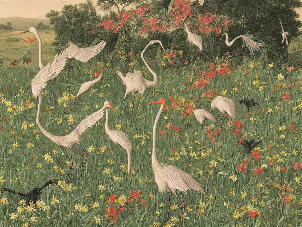 Prompt: Crane birds disturbing a unicorn from its sleep in a wild flower field. Colorful painting by Audubon