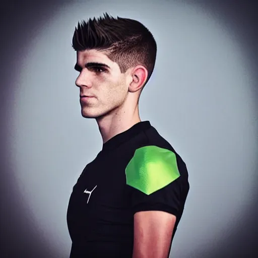 Image similar to “a realistic detailed photo of a guy who is an attractive humanoid who is half robot and half humanoid, who is a male android, Christian Pulisic, shiny skin, posing like a statue, blank stare,, display”