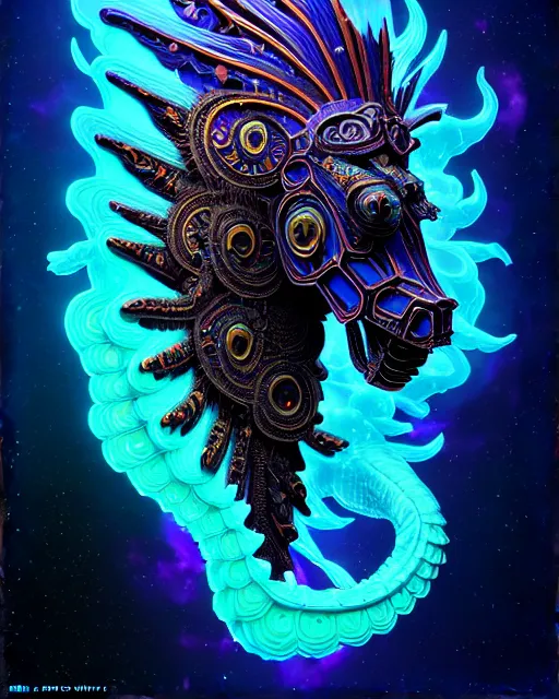 Image similar to 3 d ornate carved dark cosmic horse with profile portrait, sigma 5 0 0 mm f / 5. beautiful intricate highly detailed quetzalcoatl skull. bioluminescent, plasma, lava, ice, water, wind, creature, thunderstorm! artwork by tooth wu and wlop and beeple and greg rutkowski, 8 k trending on artstation