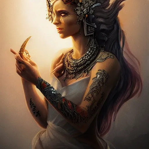 Image similar to goddess portrait, tattoo, unicorn, phoenix head, intricate artwork Tooth Wu, Greg Rutkowski, RPG, dynamic lighting, fantasy art, high contrast, depth of field, high detail, smooth gradients