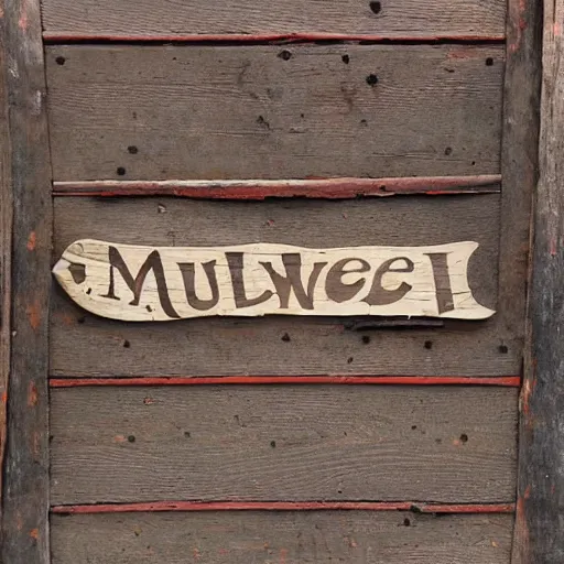 Image similar to An old English tavern sign with the words THE MULE, rustic, hyperdetailed, moody, wood