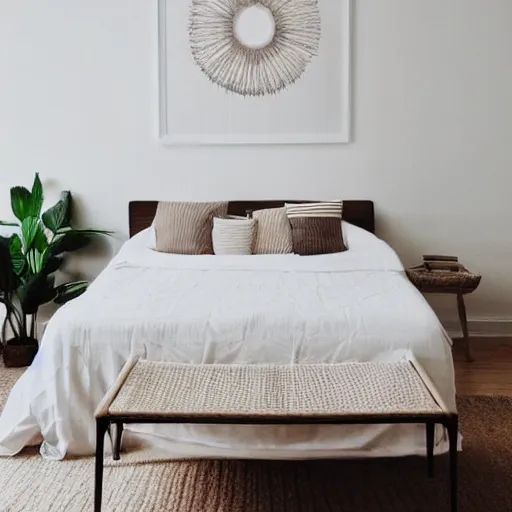 Image similar to centered minimalist clean spacious empty bright mockup photo of a large blank frame on floor with thin light wooden frame moulding, white background wall, light boho carpet, white furniture, white minimalist lamps, white pillows, trending on pinterest