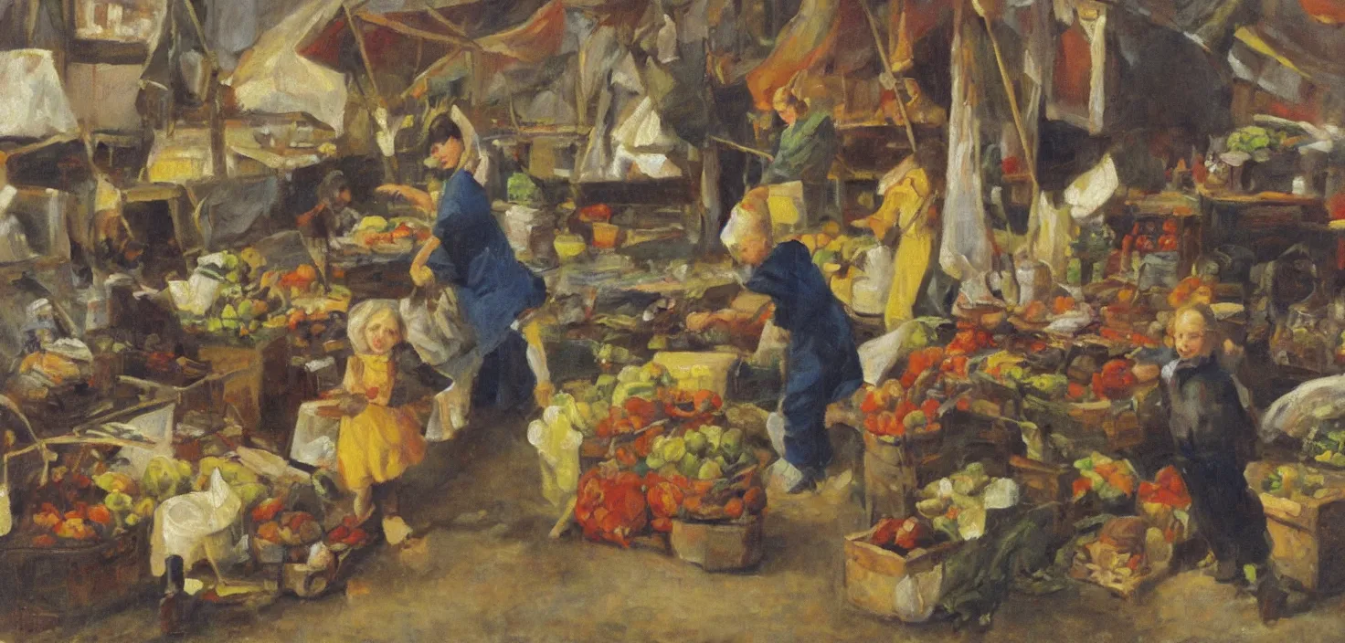 Image similar to oil painting of a young child running a market stall, small elongated planes, representation with abstraction, frenetic oil painting, values as flat shapes