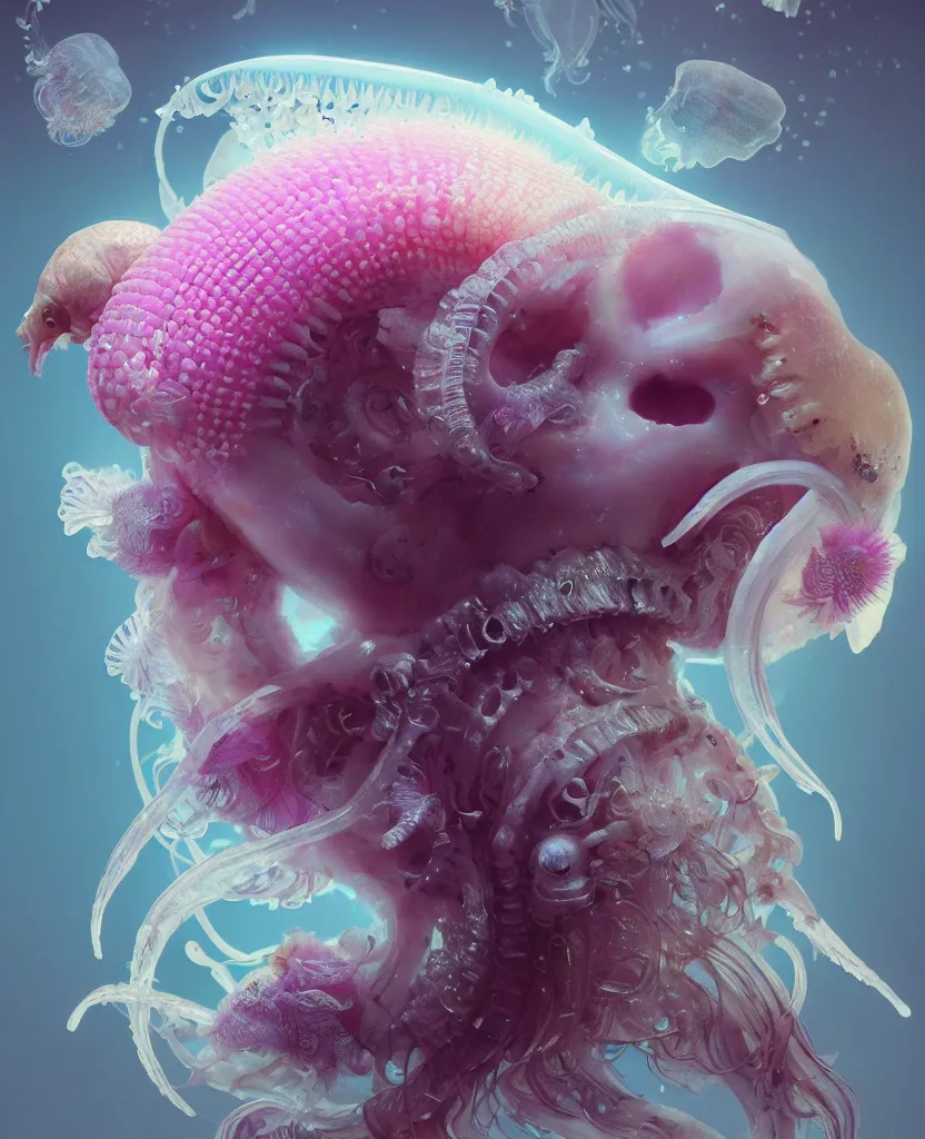 Image similar to goddess princess beautiful face close-up portrait ram skull fluffy toy. jellyfish phoenix head, nautilus, orchid, skull, betta fish, bioluminiscent creatures, intricate artwork by Tooth Wu and wlop and beeple. octane render, trending on artstation, greg rutkowski very coherent symmetrical artwork. cinematic, hyper realism, high detail, octane render, 8k