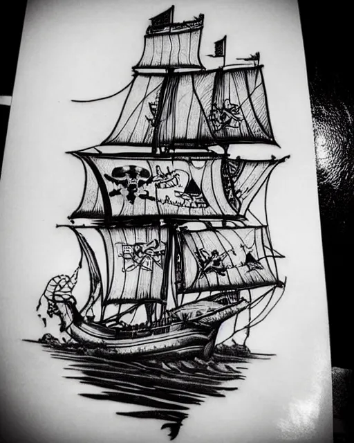 Image similar to A tattoo design of a pirate ship, black and white, on white paper, highly detailed, realistic tattoo, trending on pinterest