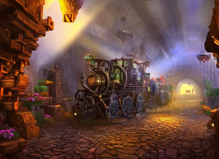 Image similar to minecart track in a magical mine illustration. steam punk fantasy, dramatic lighting, 8 k, sharp focus, global illumination, unreal engine, detailed and intricate environment